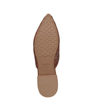 bottom view of the Swan mule in cognac (brown) woven