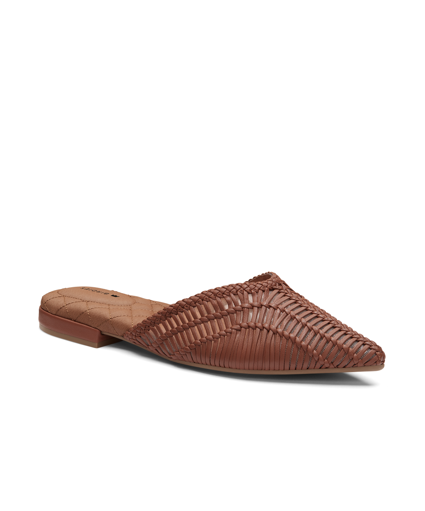 front 3/4ths view of the Swan mule in cognac (brown) woven