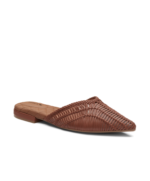 front 3/4ths view of the Swan mule in cognac (brown) woven