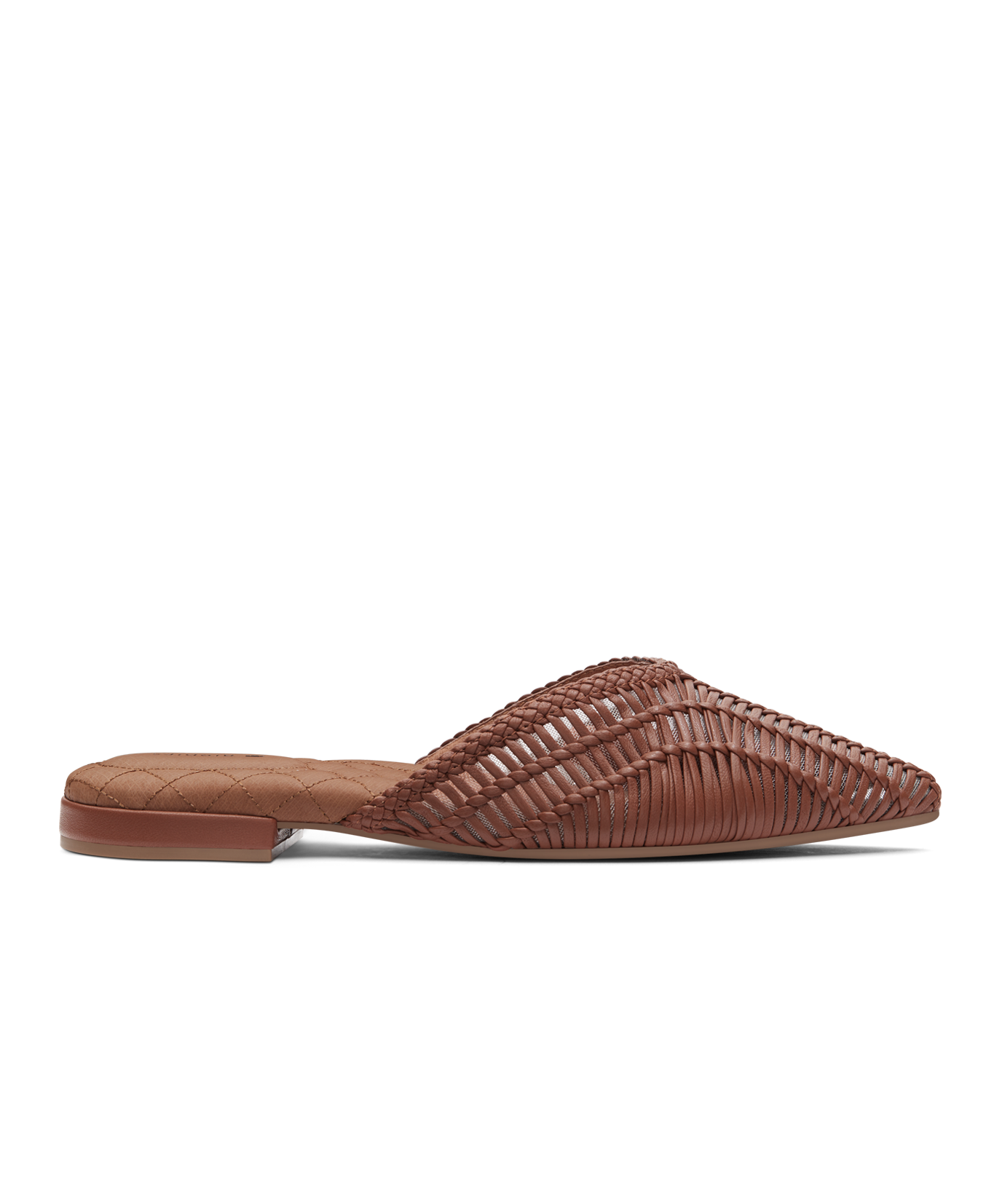 side view of the Swan mule in cognac (brown) woven