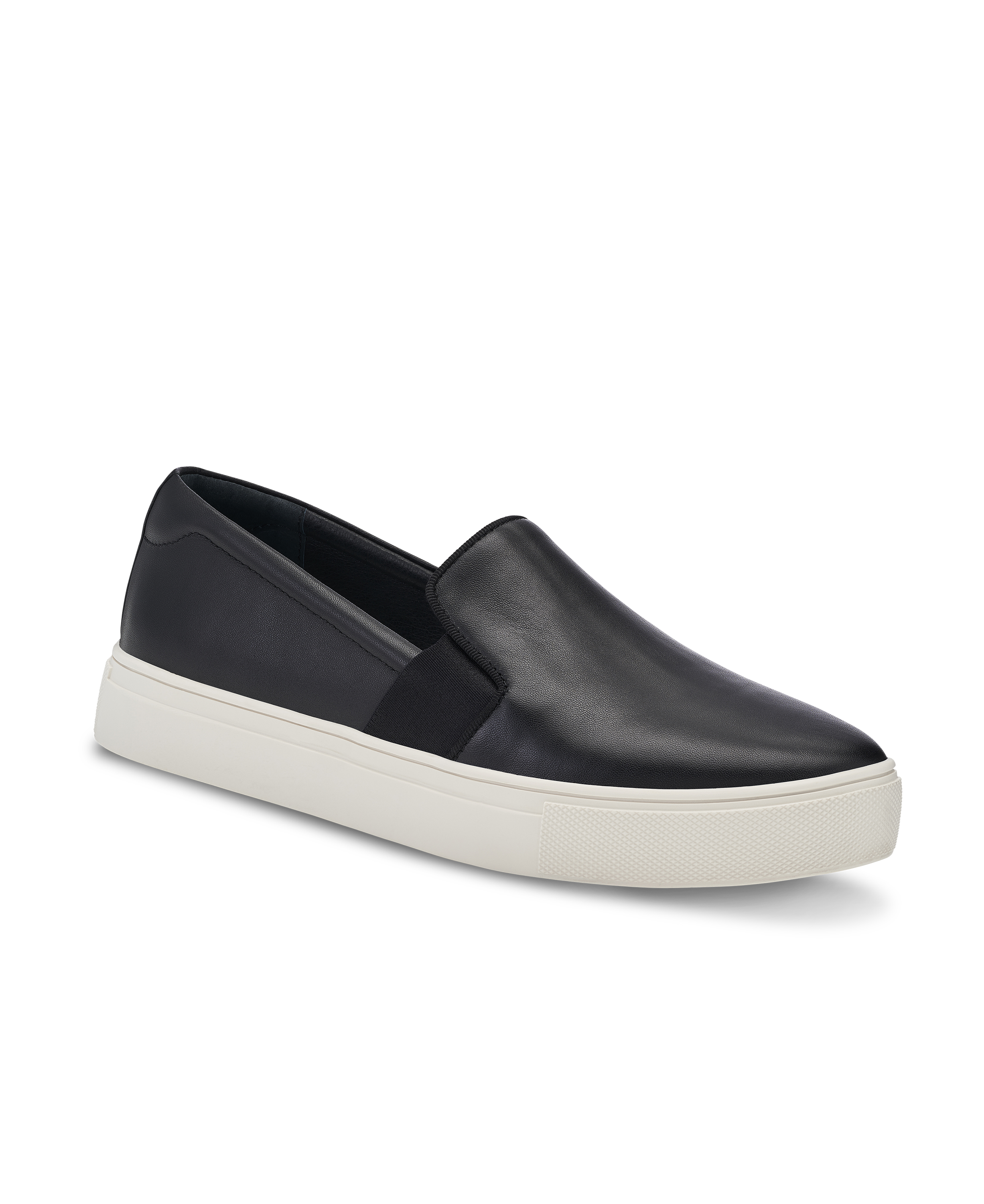 front 3/4ths view of the Swift Slip on Sneaker in Black Leather