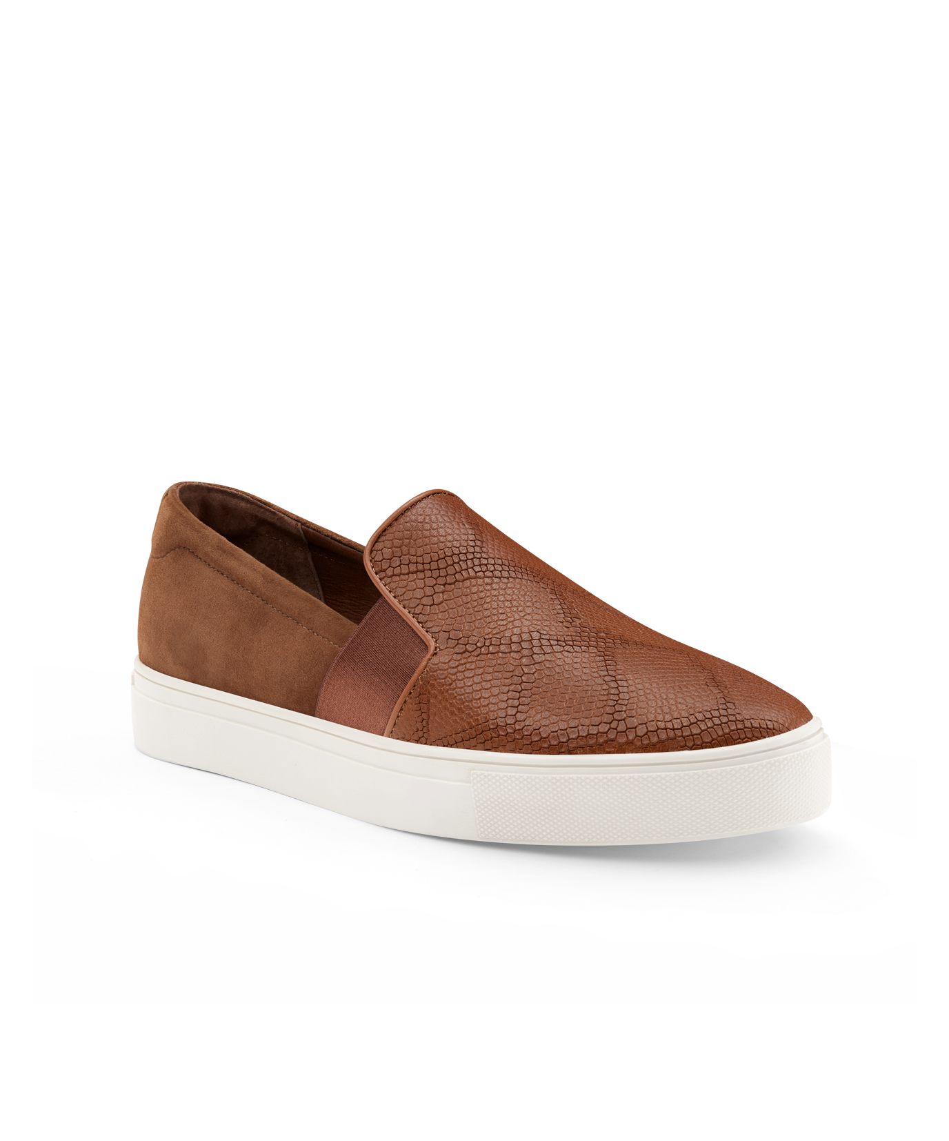 front 3/4ths view of the Swift Slip on Sneaker in Cognac (brown) Embossed Leather