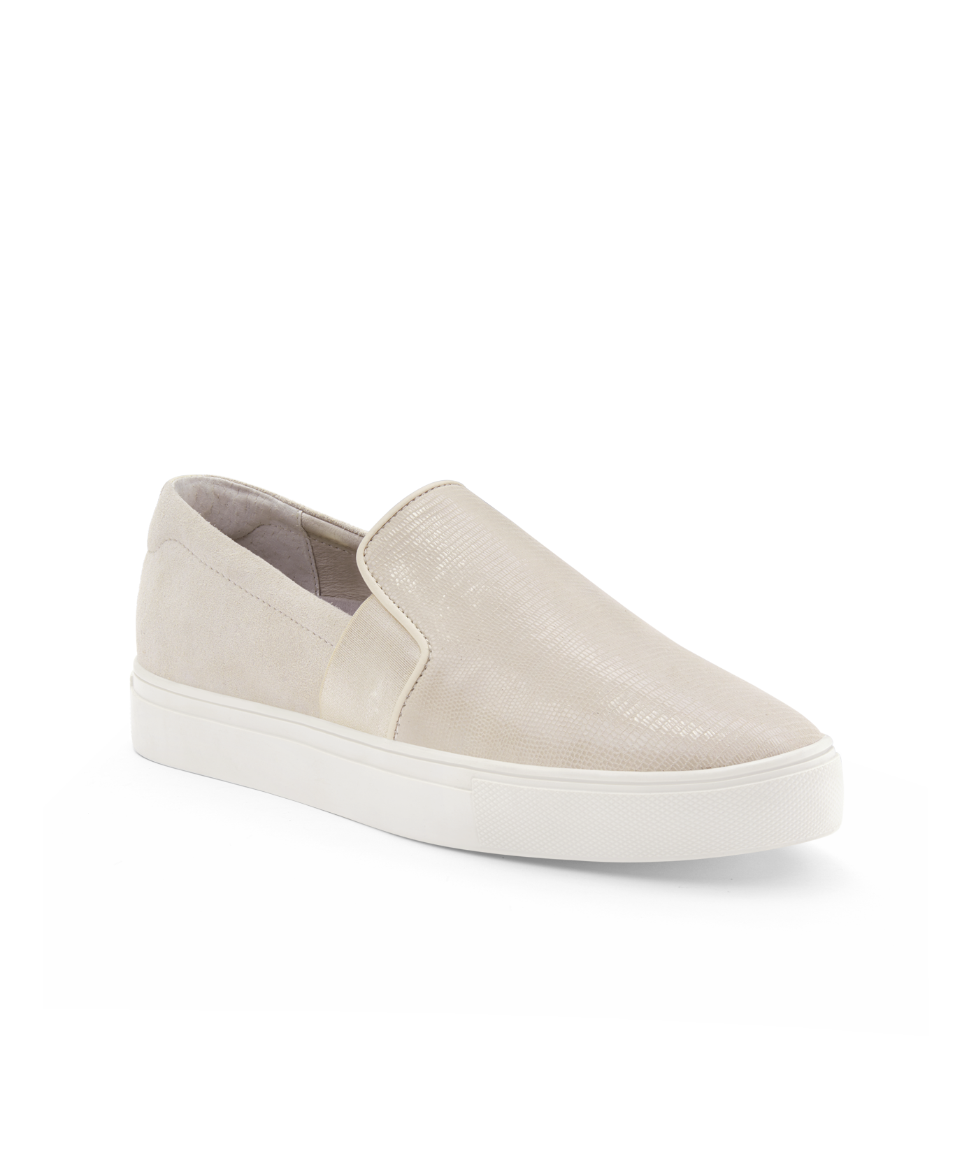 front 3/4ths view of the Swift Slip on Sneaker in Bone (cream) Embossed Leather