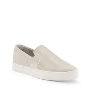 front 3/4ths view of the Swift Slip on Sneaker in Bone (cream) Embossed Leather