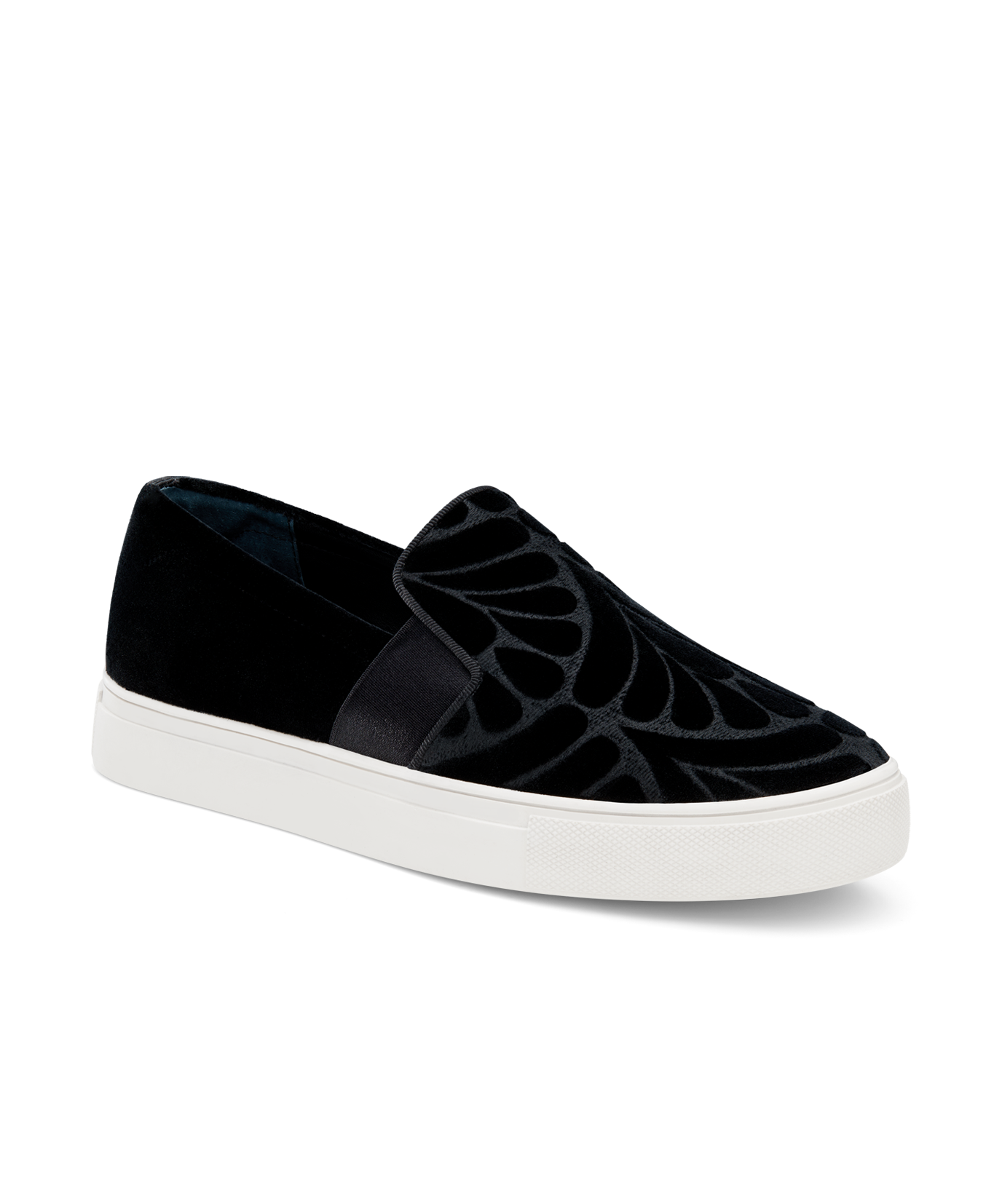front 3/4ths view of the Swift Slip on Sneaker in Black Embossed Velvet