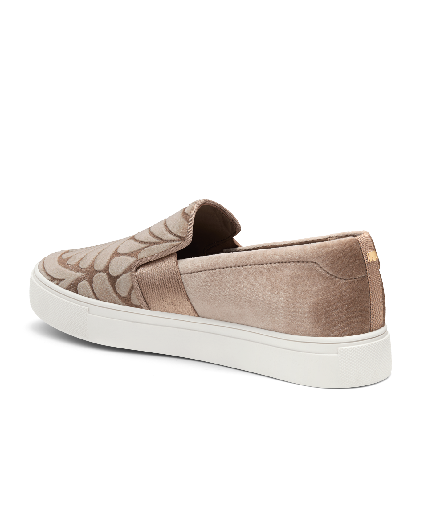 back 3/4ths view of the Swift Slip on Sneaker in Taupe (light brown) embossed Velvet