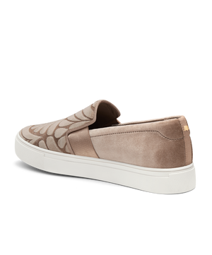 back 3/4ths view of the Swift Slip on Sneaker in Taupe (light brown) embossed Velvet