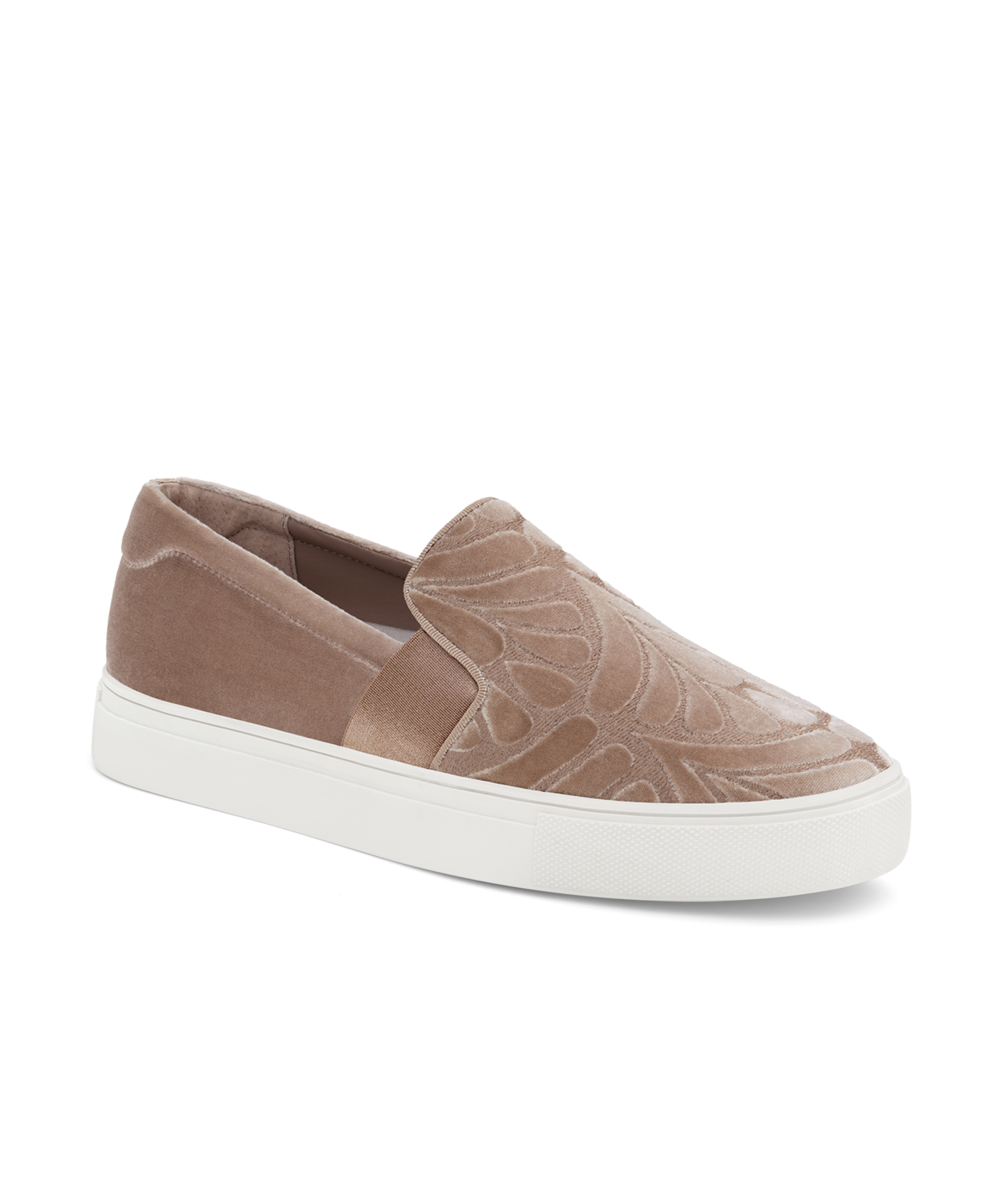 front 3/4ths view of the Swift Slip on Sneaker in Taupe (light brown) embossed Velvet