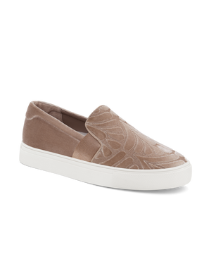 front 3/4ths view of the Swift Slip on Sneaker in Taupe (light brown) embossed Velvet