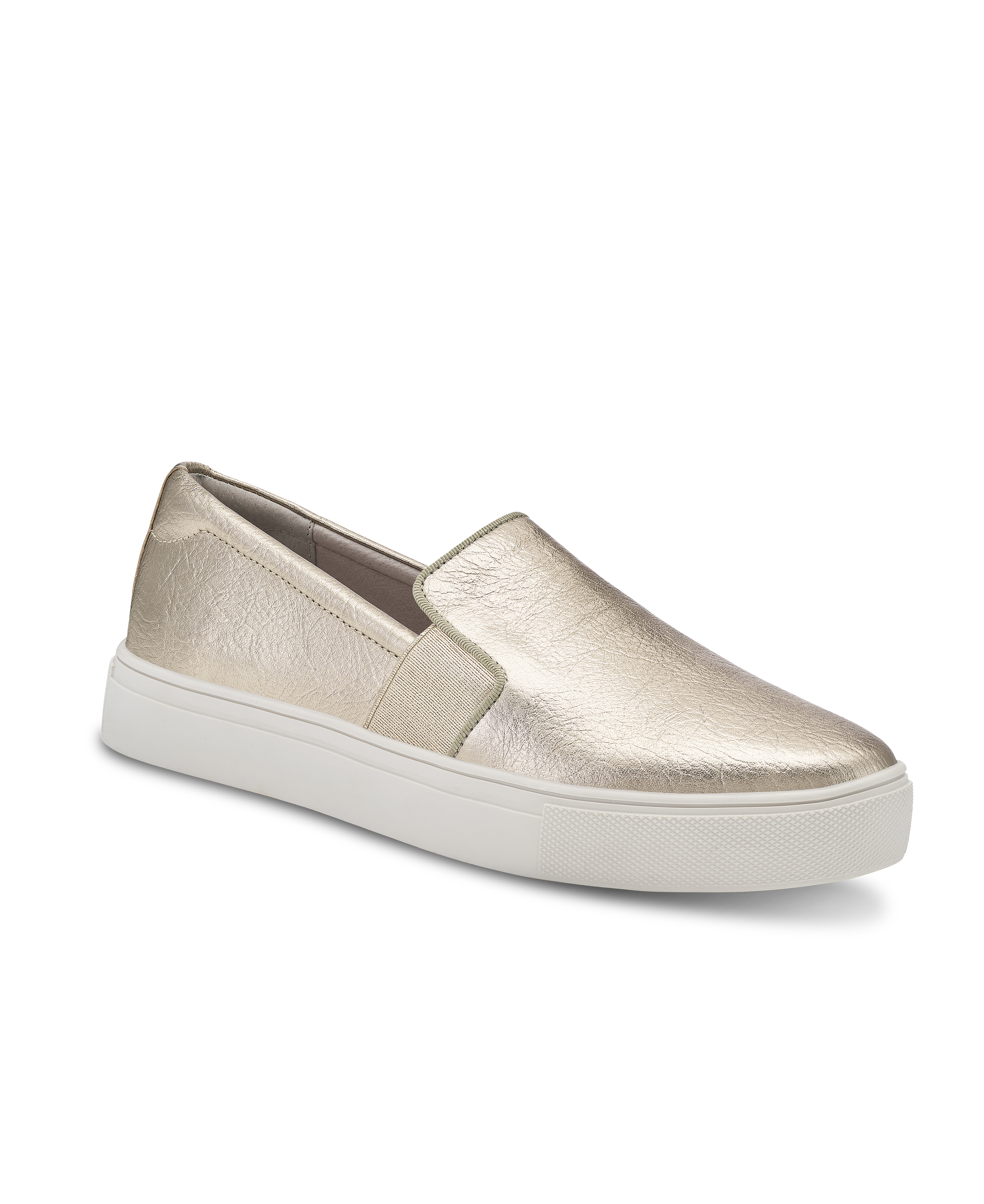 front 3/4ths view of the Swift Slip on Sneaker in Gold Leather