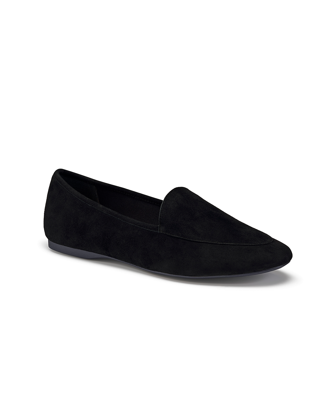 front 3/4ths view of the vesper in black suede