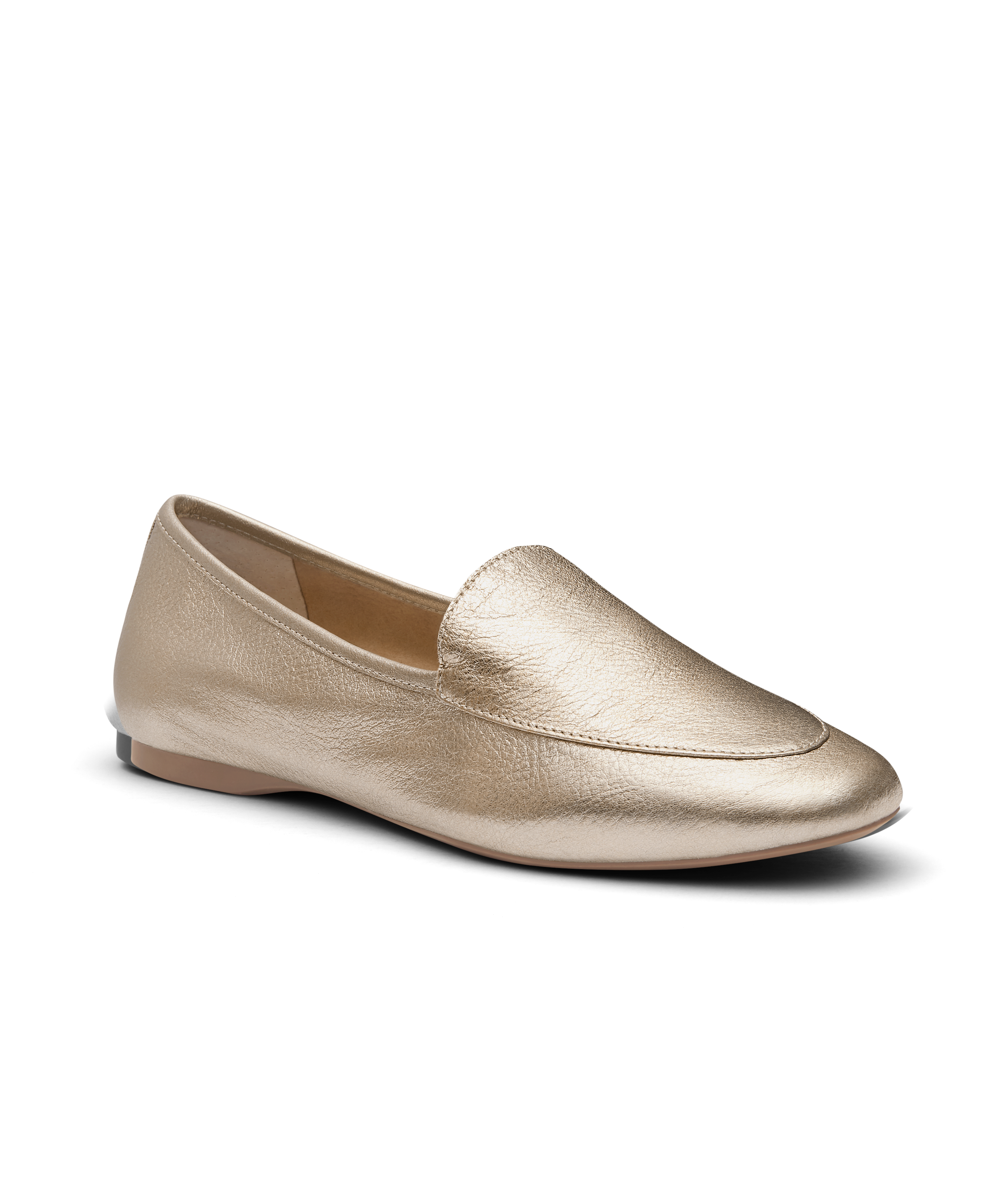 front 3/4ths view of the Vesper loafer in Gold Leather