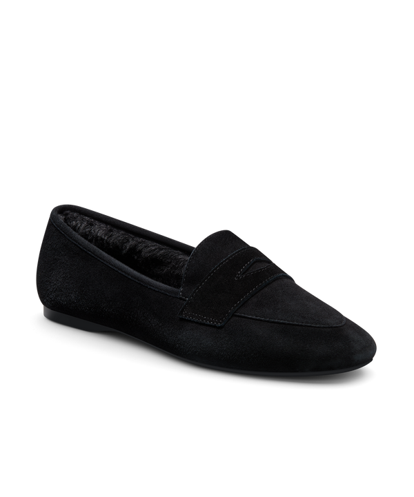 The Vesper | Black Suede Faux Fur | Women's Flats | Birdies