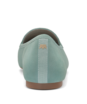 back view of the Vesper loafer in marina (light teal) suede