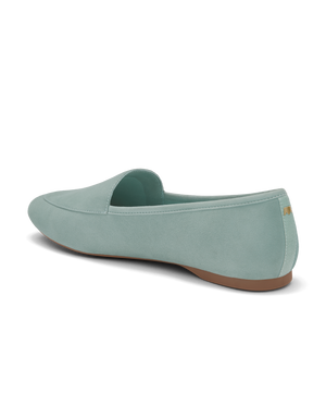 back 3/4ths view of the Vesper loafer in marina (light teal) suede