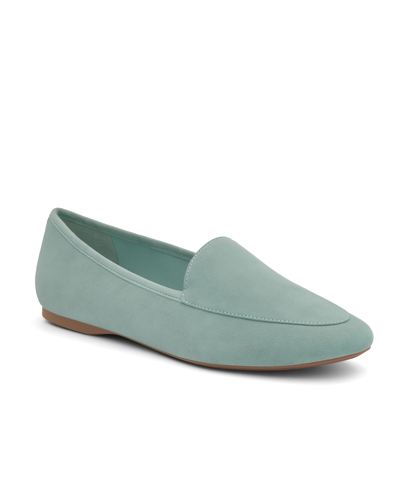 front 3/4ths view of the Vesper loafer in marina (light teal) suede