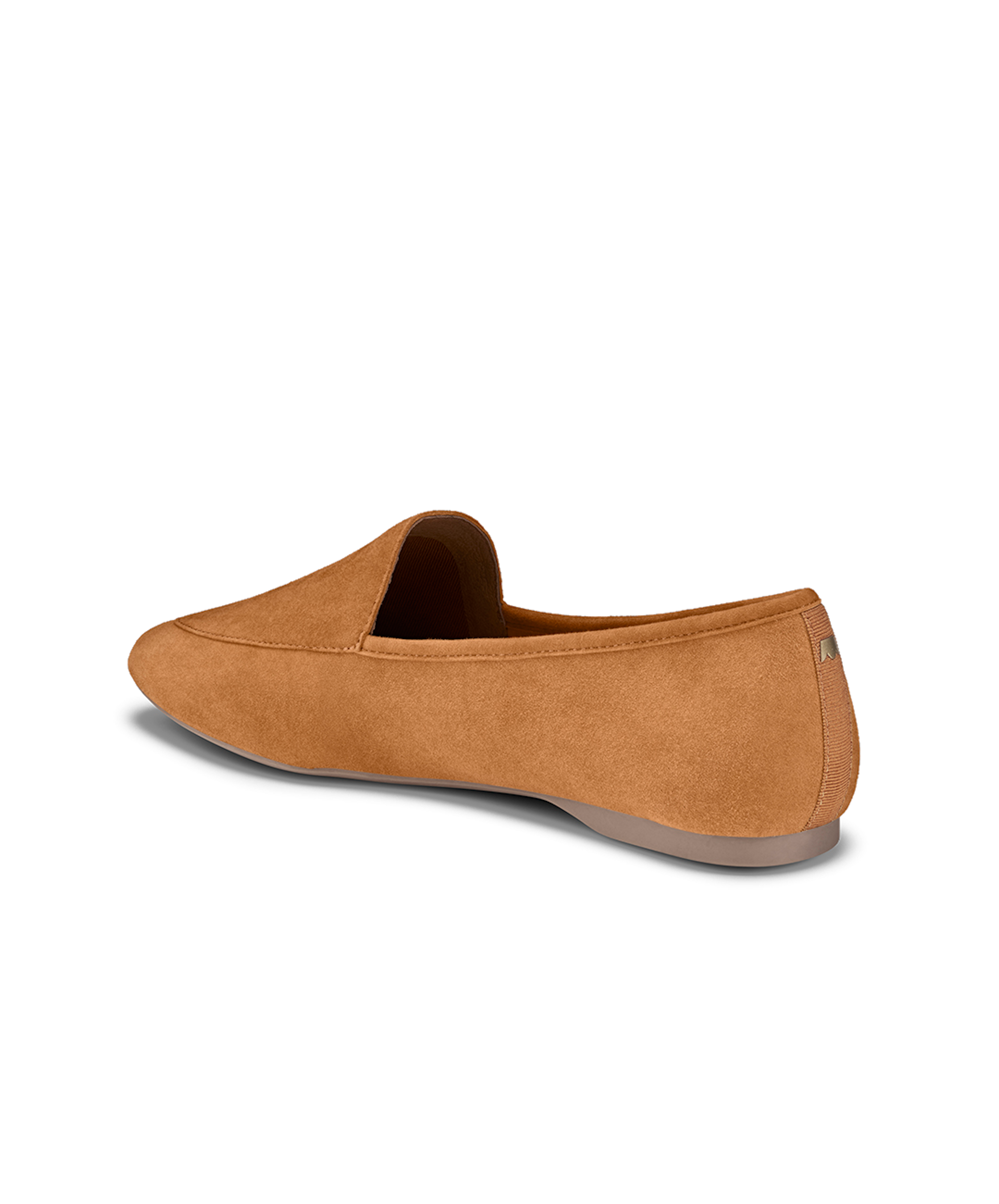 back 3/4ths view of the Vesper loafer in Toffee (tan) Suede