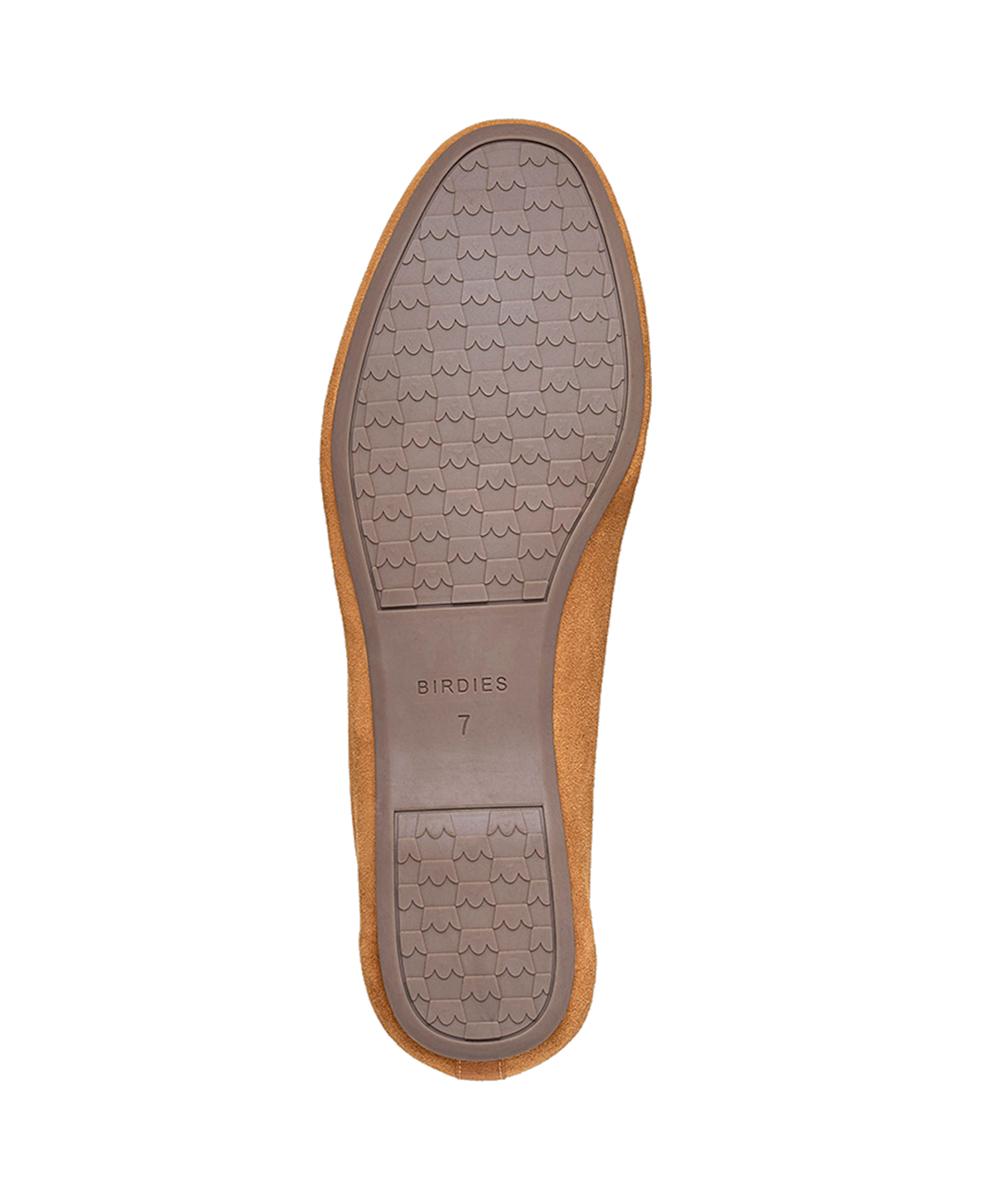 bottom view of the Vesper loafer in Toffee (tan) Suede