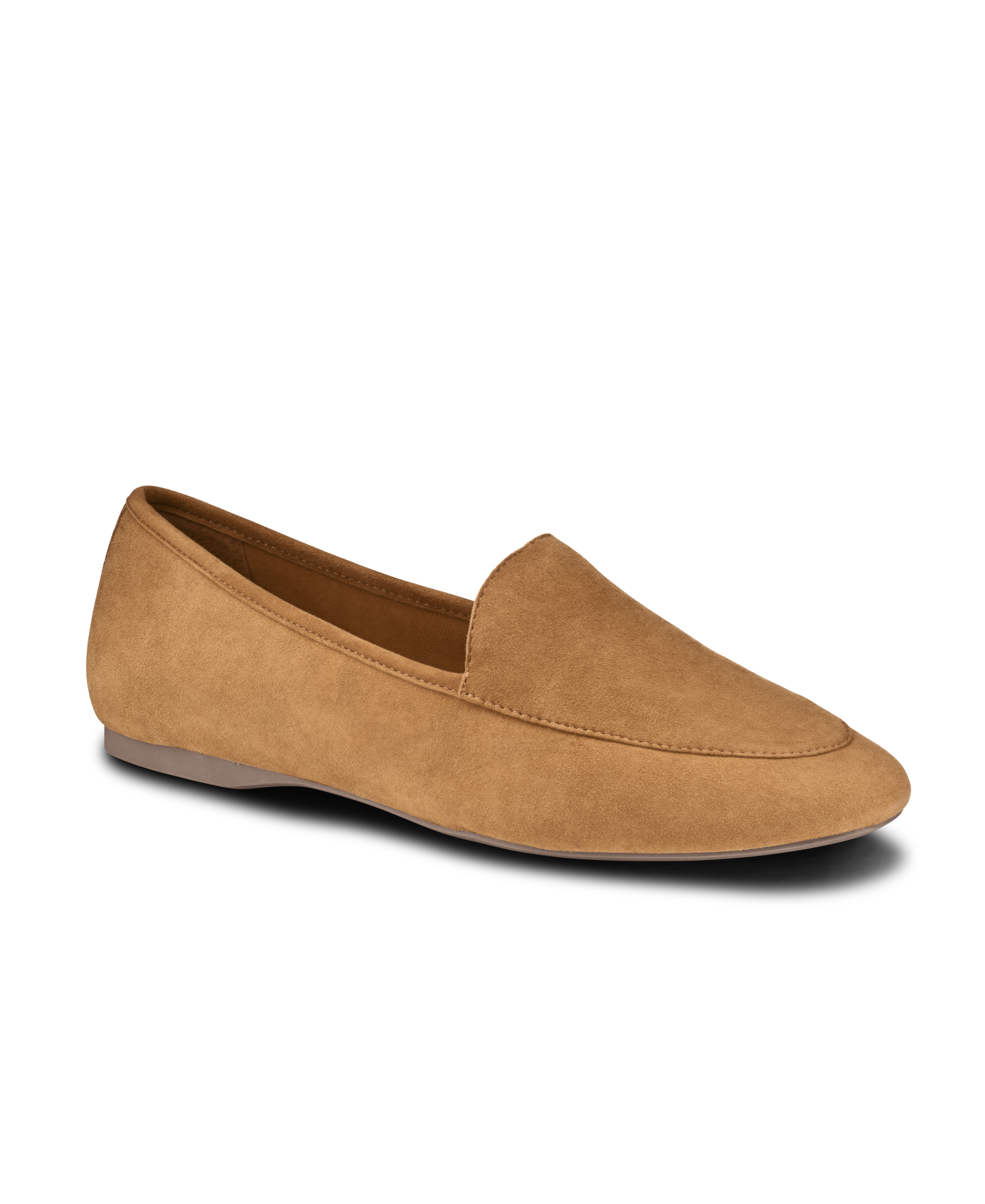 front 3/4ths view of the Vesper loafer in Toffee (tan) Suede