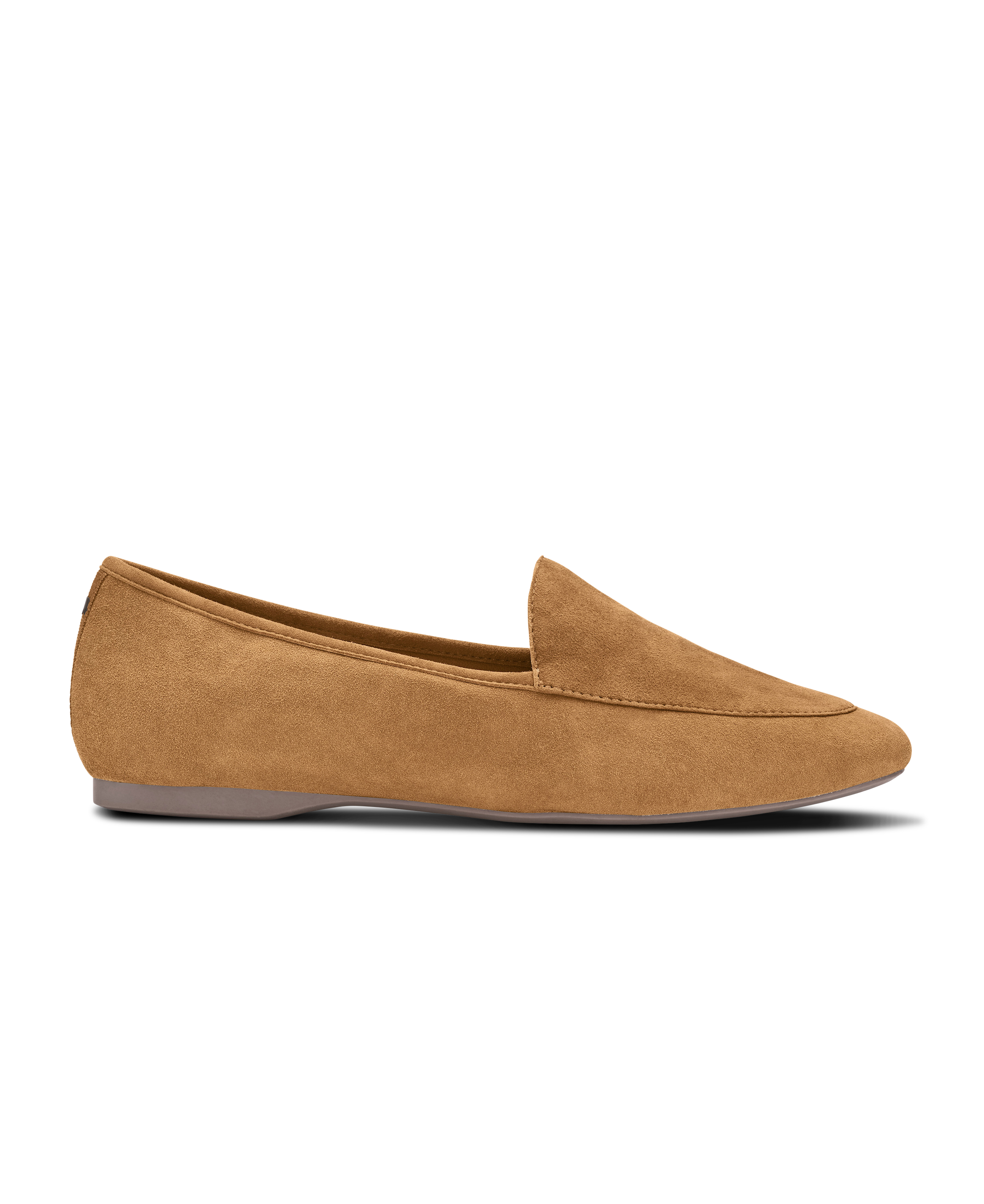 side view of the Vesper loafer in Toffee (tan) Suede