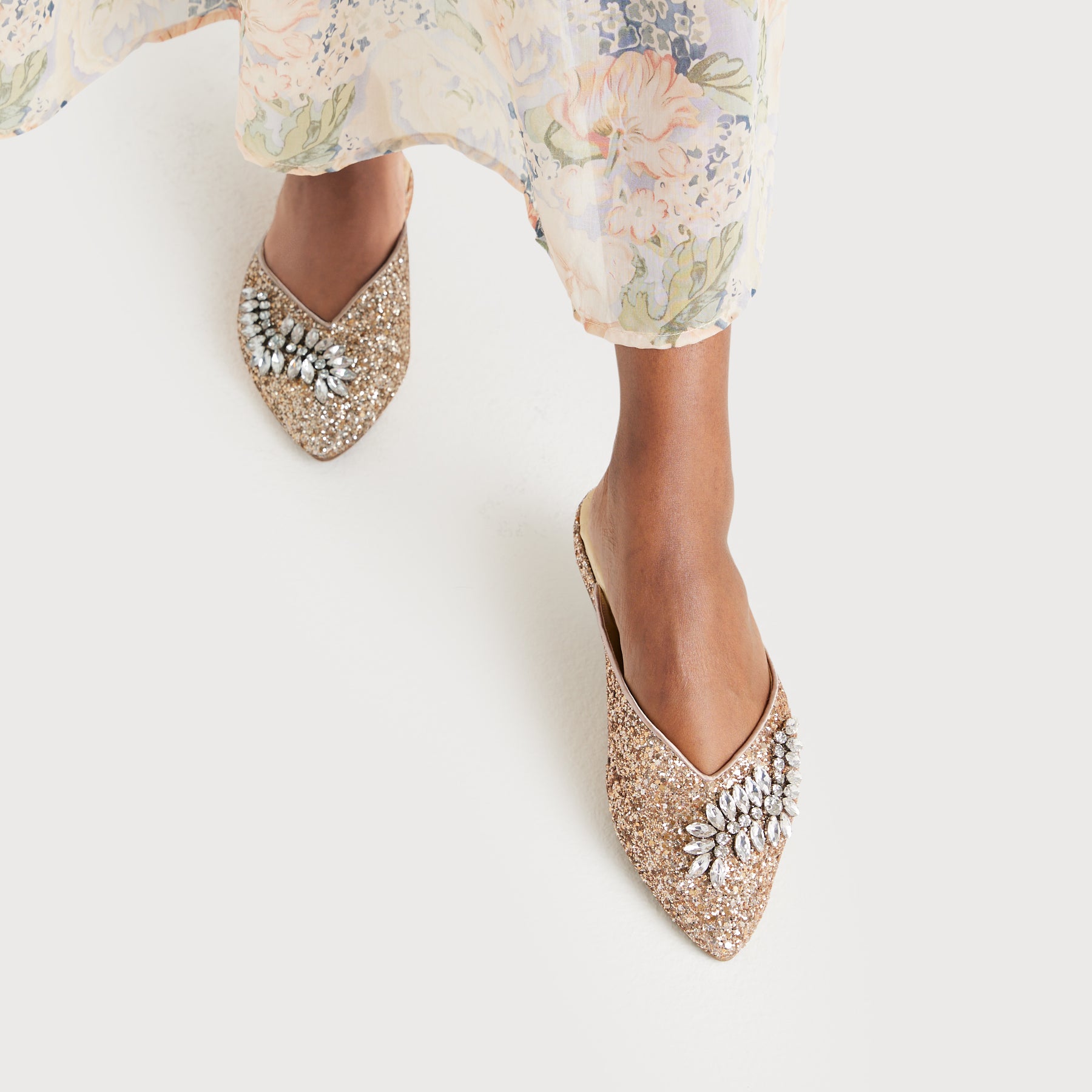 on figure top view of the Swan mule in Golden Jeweled Sparkle