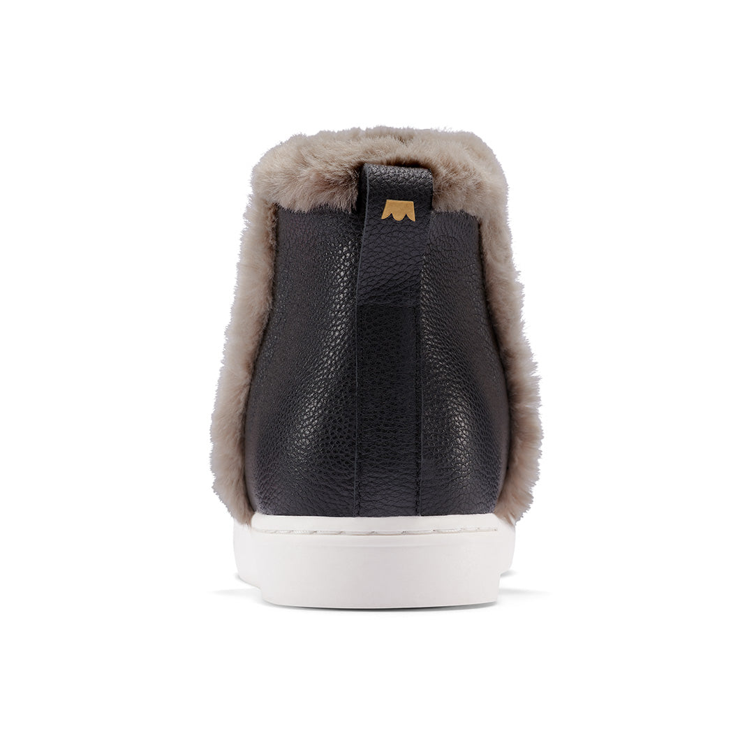 Women's sneaker boot - Water resistant black leather with faux fur trim