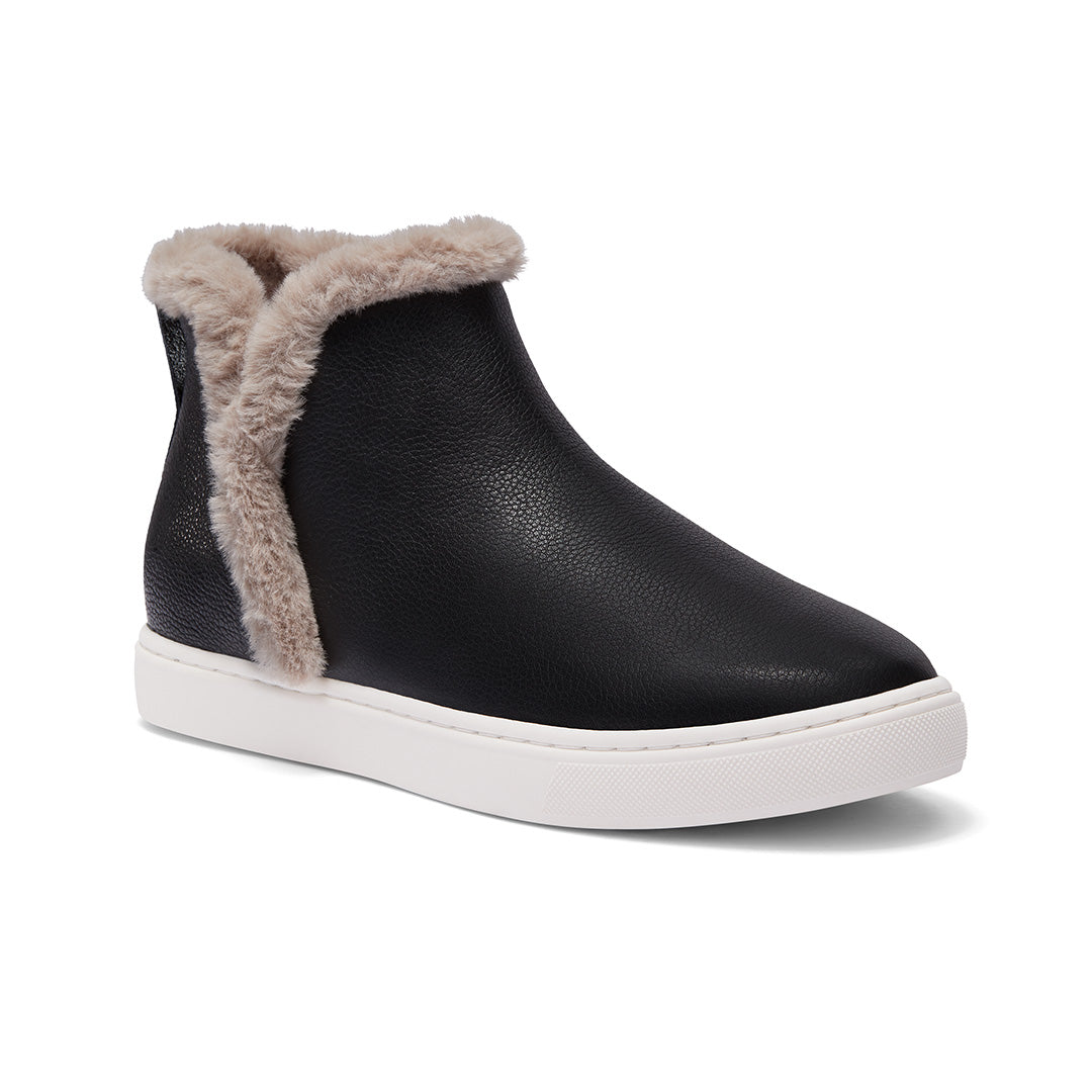 Women's sneaker boot - Water resistant black leather with faux fur trim