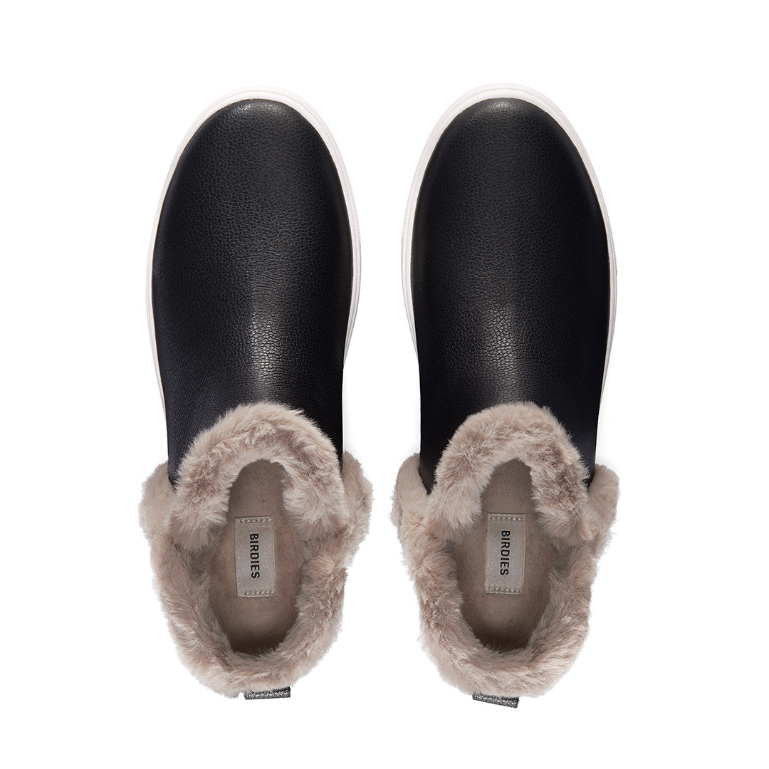 Women's sneaker boot - Water resistant black leather with faux fur trim