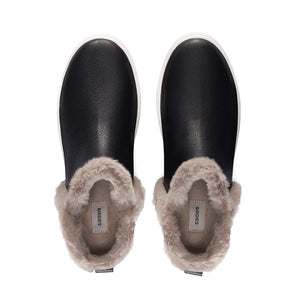 Women's sneaker boot - Water resistant black leather with faux fur trim