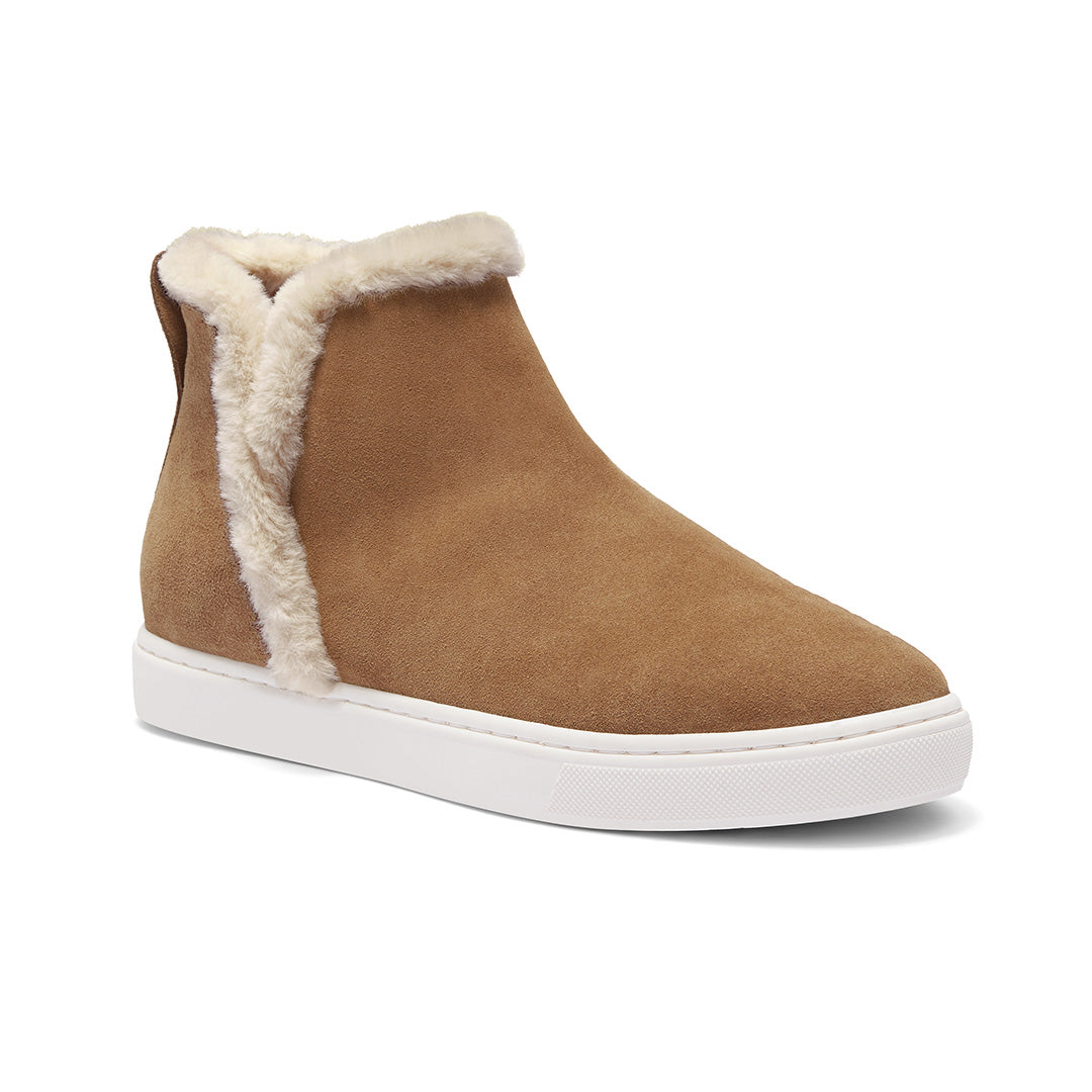 Women's sneaker boot - Water resistant saddle brown suede with faux fur trim