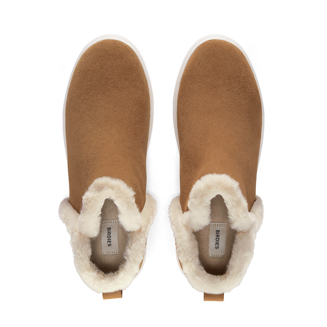 Women's sneaker boot - Water resistant saddle brown suede with faux fur trim